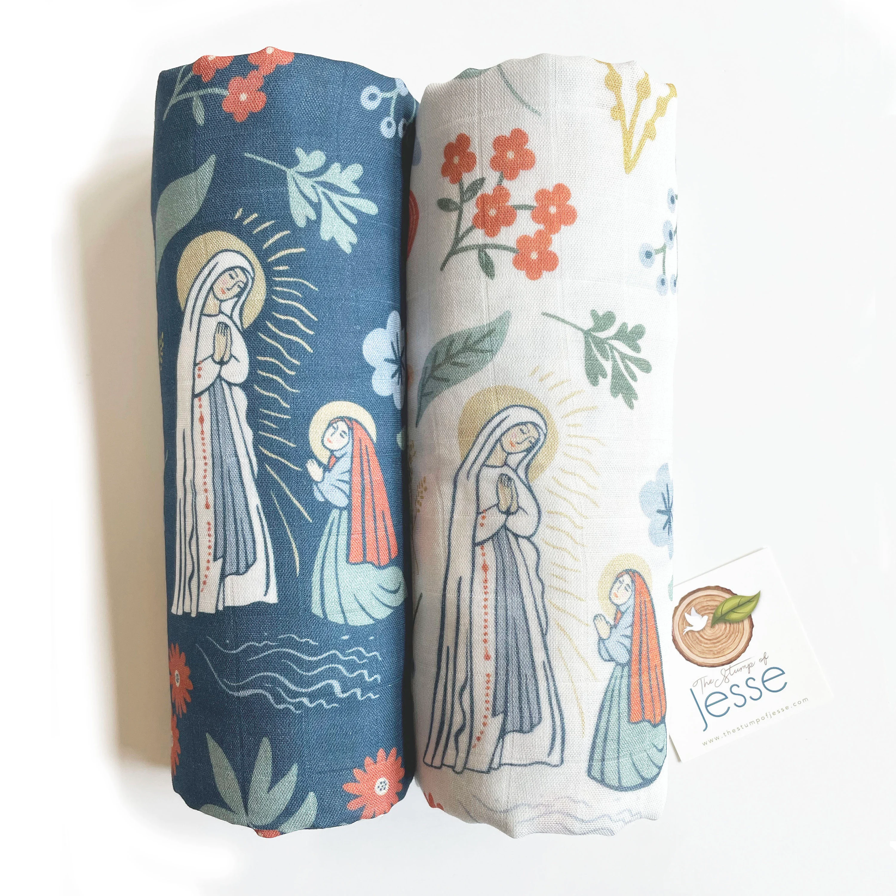 Our Lady of Lourdes and St. Bernadette Muslin Beige Swaddle
